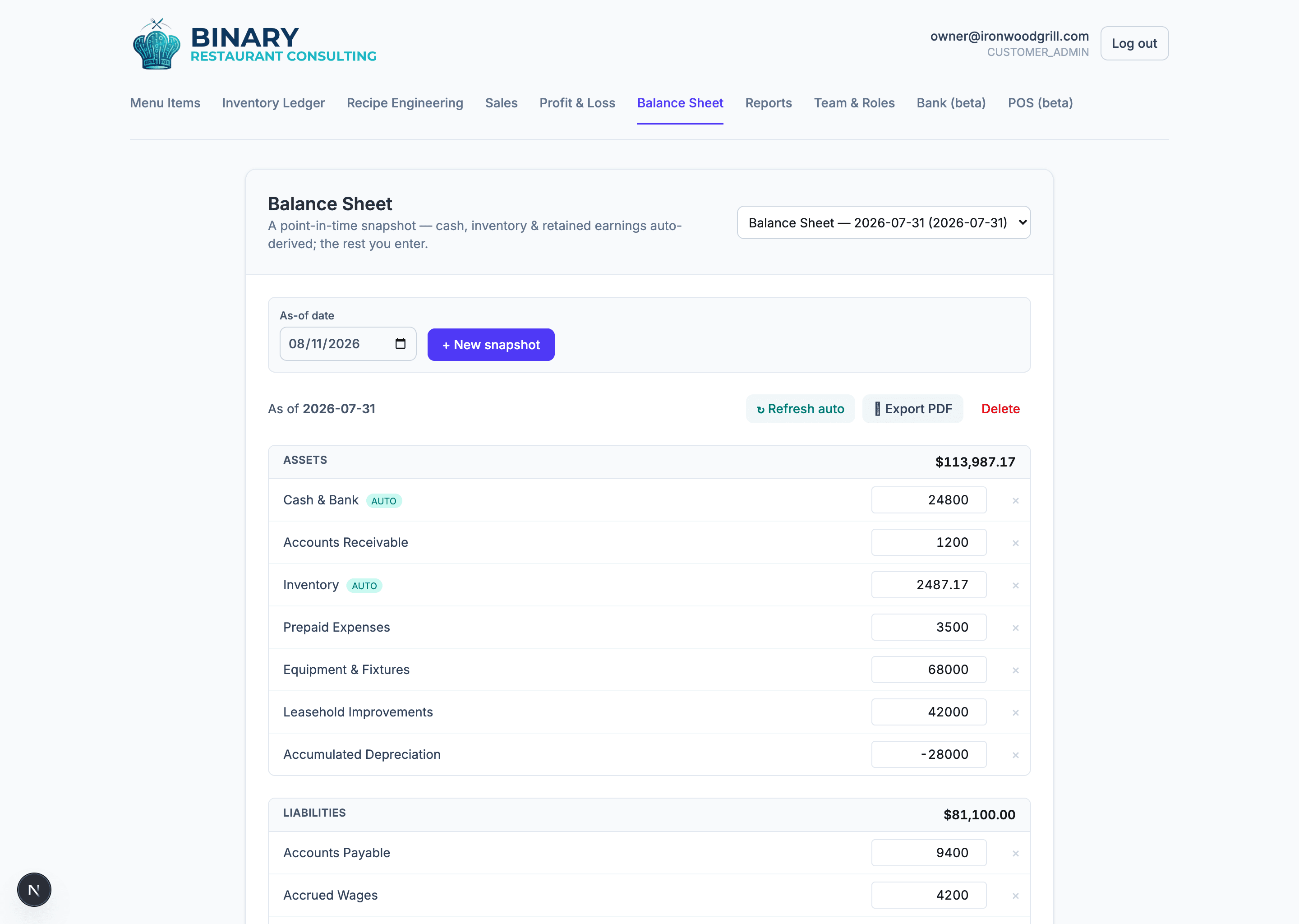 Balance sheet snapshot with auto-derived cash, inventory and retained earnings